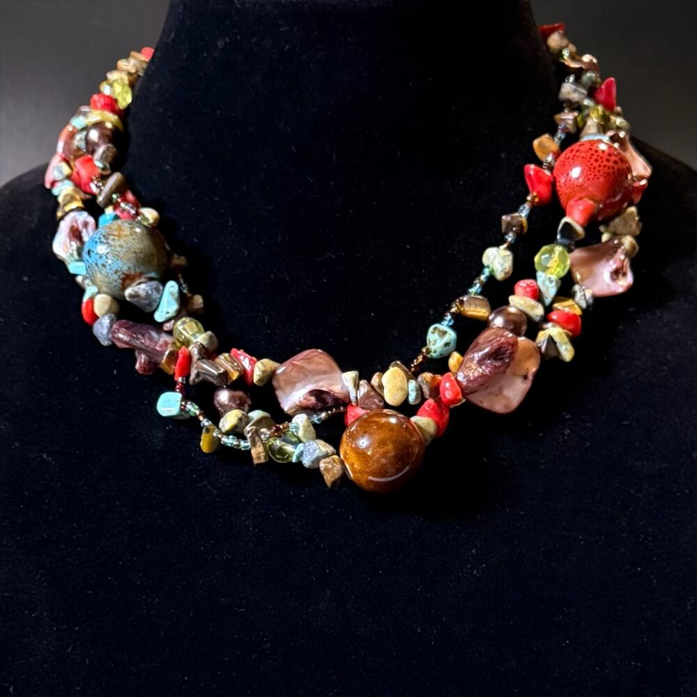 Western Southwestern Stone Bead Necklace Women Multi Strand Colorful Boho Choker